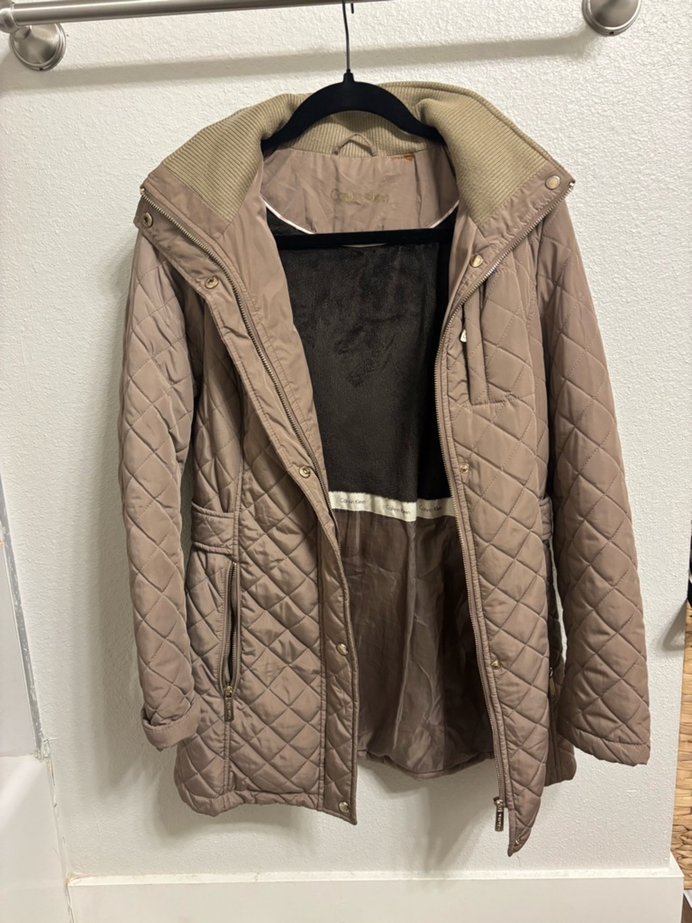 Calvin Klein Quilted Hooded Puffer in Taupe